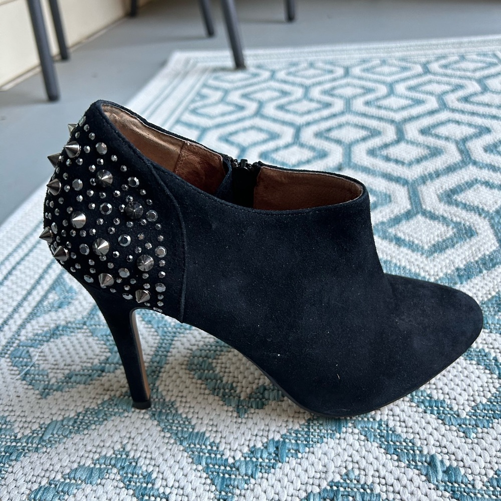 Black Faux-Suede Heeled Booties with Studs